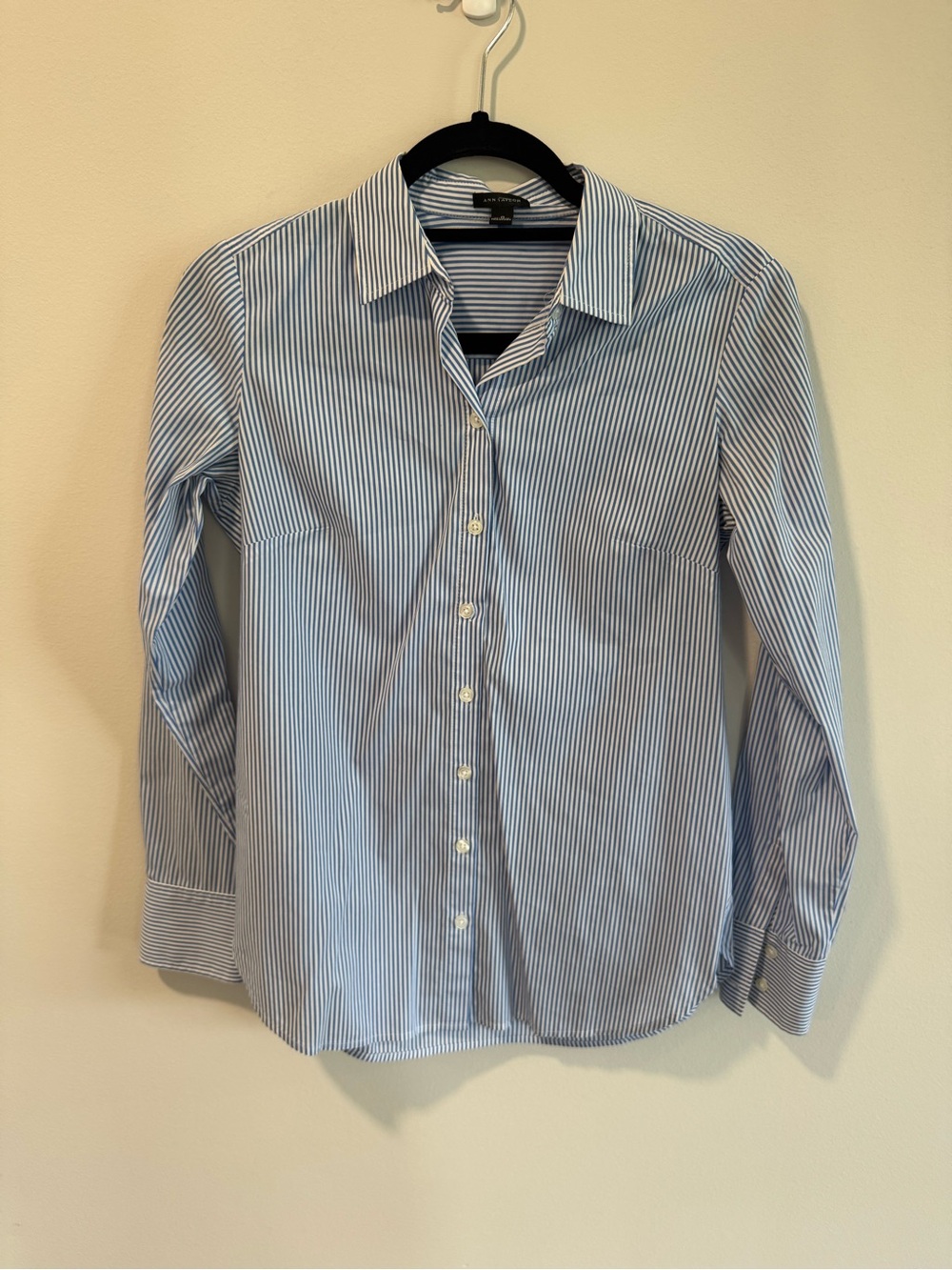 Ann Taylor Blue and White Striped Button-Down Dress Shirt